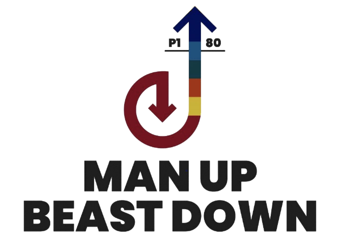 A man up east down logo with an arrow pointing upwards.